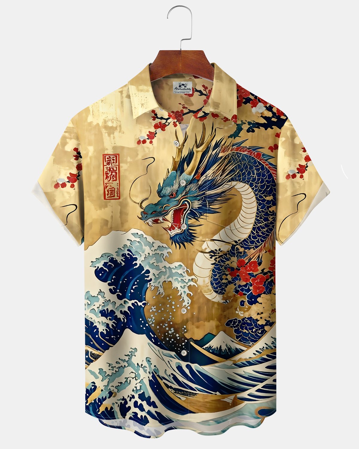 Alohadaddy® Vintage Dragon Print Art Button Pocket Cardigan Men's Short Sleeve Shirt Big & Tall