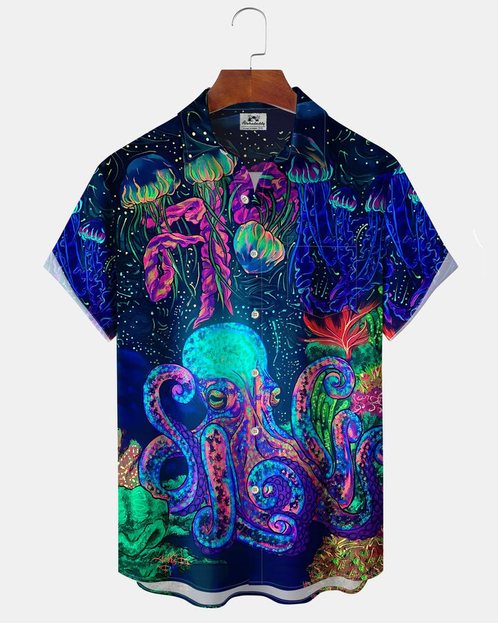 Alohadaddy® Casual Octopus Print Art Button Pocket Cardigan Men&
