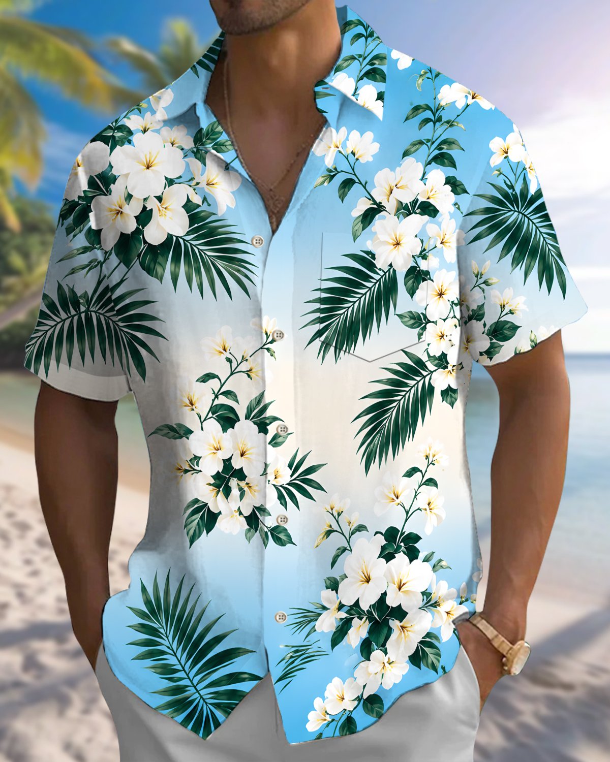 Alohadaddy® Hawaiian Floral Print Art Button Pocket Cardigan Men's Short Sleeve Shirt