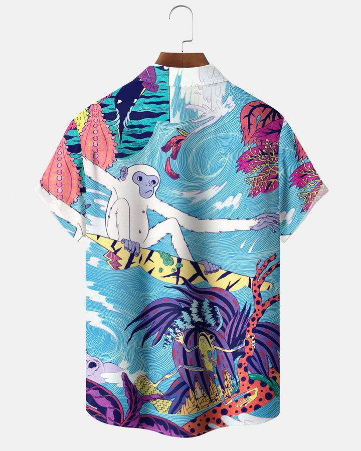 Alohadaddy® Hawaiian Monkey Print Art Button Pocket Cardigan Men&