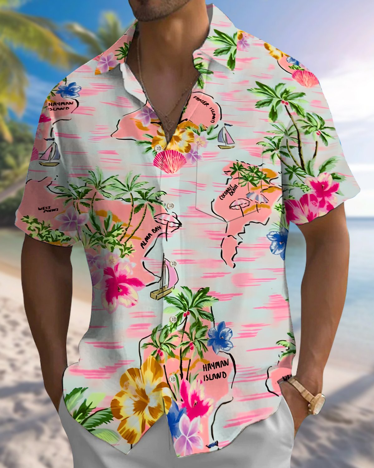 Alohadaddy® Hawaii Palm Tree Print Button-Down Shirt   Men's Short-Sleeve Shirt with Pocket