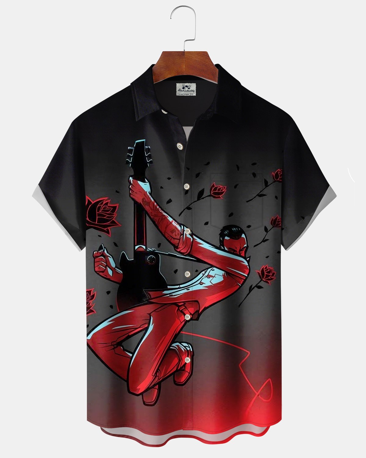 Alohadaddy® Men's Short-Sleeve Button-Down Shirt with Pocket  Vintage Music-Themed Graphic Print