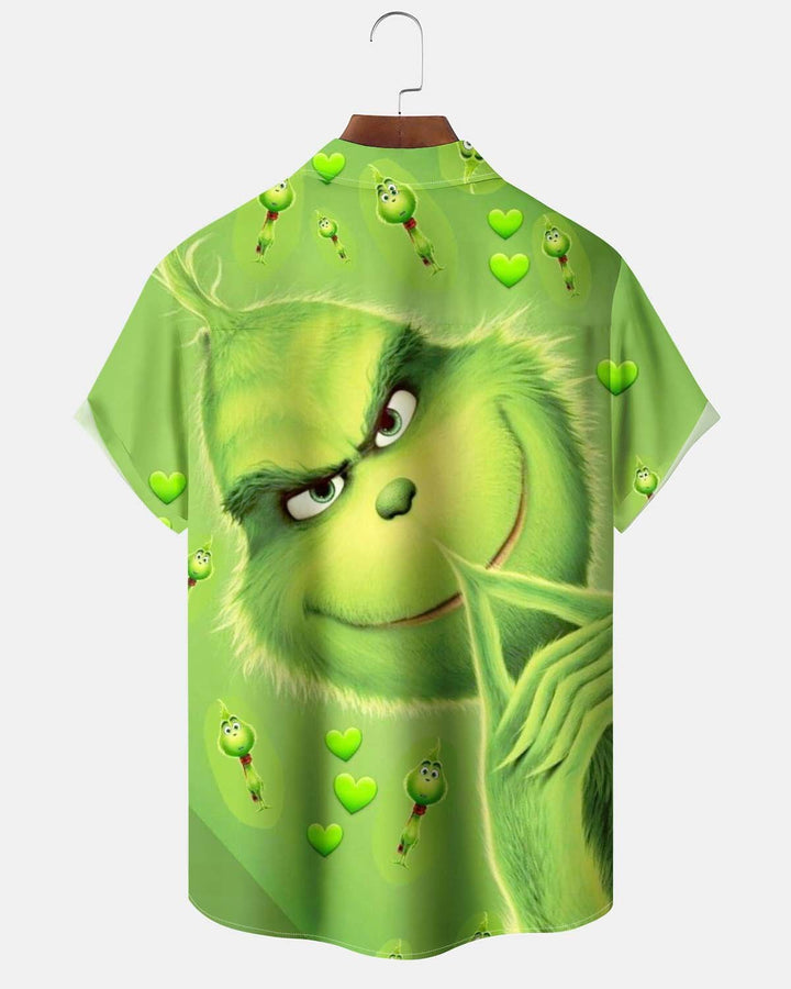 Alohadaddy® Holiday Grinch-Print Button-Down Short-Sleeve Shirt with Pocket for Men