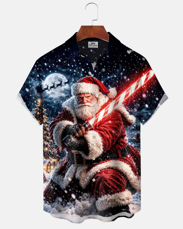 Alohadaddy® Holiday/Christmas Print Button-Down Short-Sleeve Men’s Cardigan Shirt with Pocket