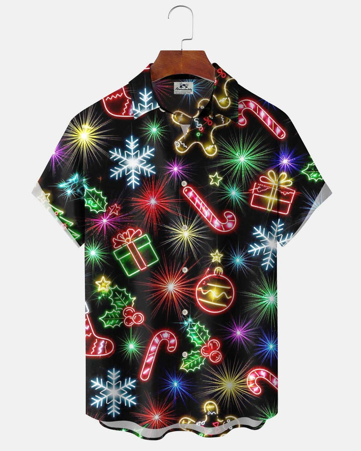 Alohadaddy® Holiday/Christmas Print Button-Down Short-Sleeve Men’s Cardigan Shirt with Pocket