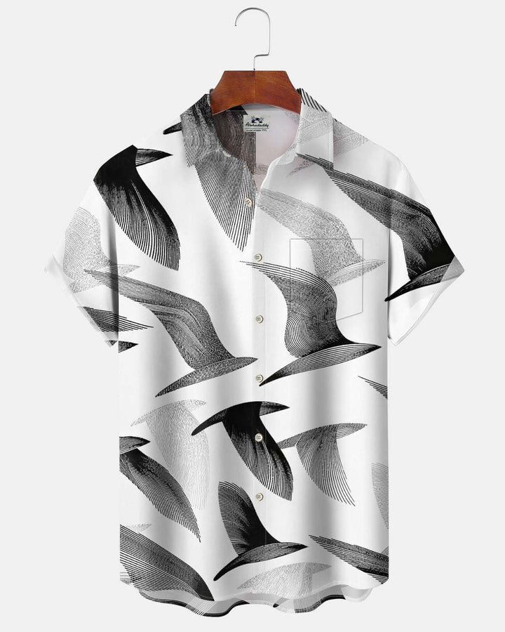 Alohadaddy® Men’s Short-Sleeve Button-Down Shirt with Bird Print Featuring a Chest Pocket