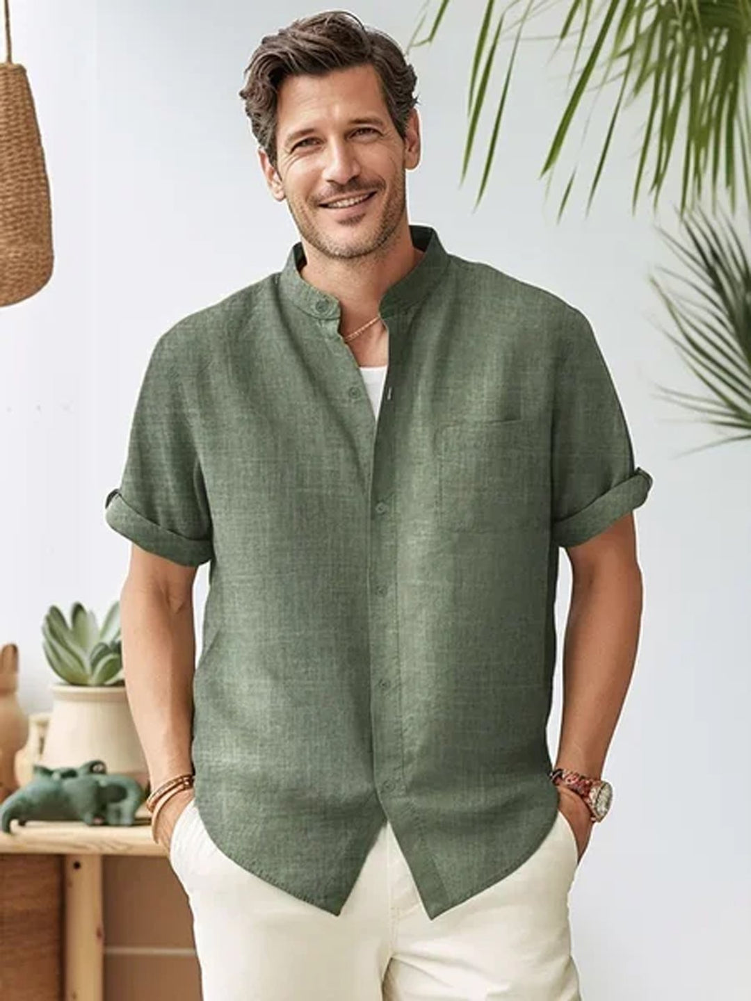 Alohadaddy Basic Solid Color Stand Collar Short Sleeve Shirt