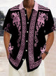 Alohadaddy Retro Geometric Gold Floral Print Men's Button Pocket Short Sleeve Shirt