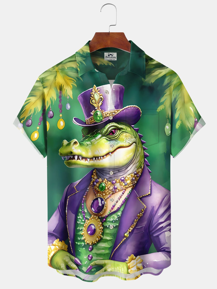Alohadaddy Holiday Vintage Mardi Gras Crocodile Coconut Tree Short Sleeve Shirt