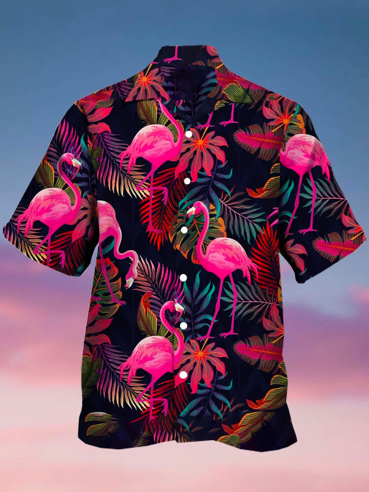 Chemise hawaïenne décontractée à manches courtes pour hommes avec imprimé flamant botanique