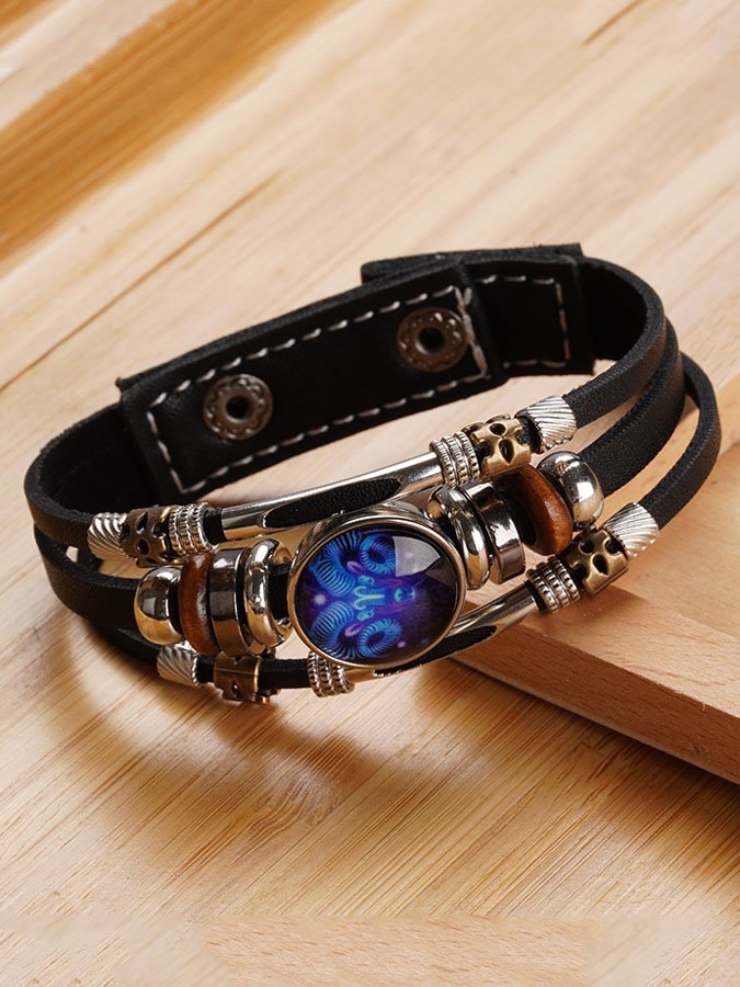 Pulsera de cuero trenzada con hebilla de cuentas de tres capas luminosa con doce constelaciones