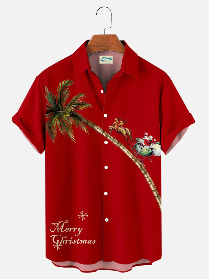 Camisa hawaiana de manga corta con estampado de alce navideño y cocotero para hombre