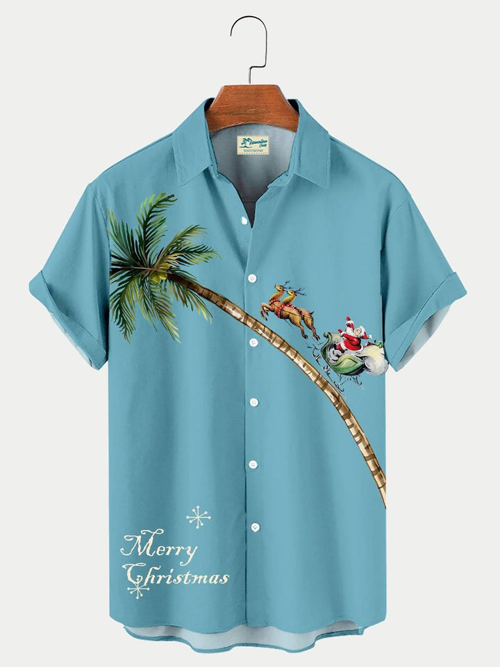 Camisa hawaiana de manga corta con estampado de alce navideño y cocotero para hombre