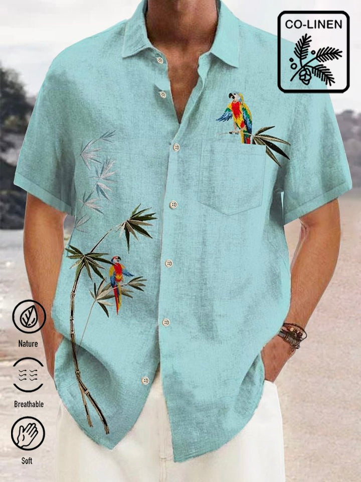 Alohadaddy Green Linen Cotton Parrot Print Chest Bag Vintage Shirt Plus Size Shirt