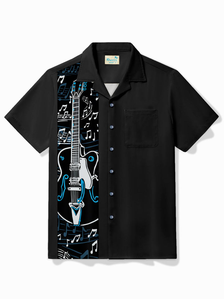 Alohadaddy Vintage Bowling Music Guitar Line Print Chest Pocket Shirt Plus Size Men&