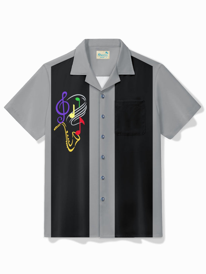 Alohadaddy Vintage Bowling Music Line Print Chest Pocket Shirt Plus Size Men&