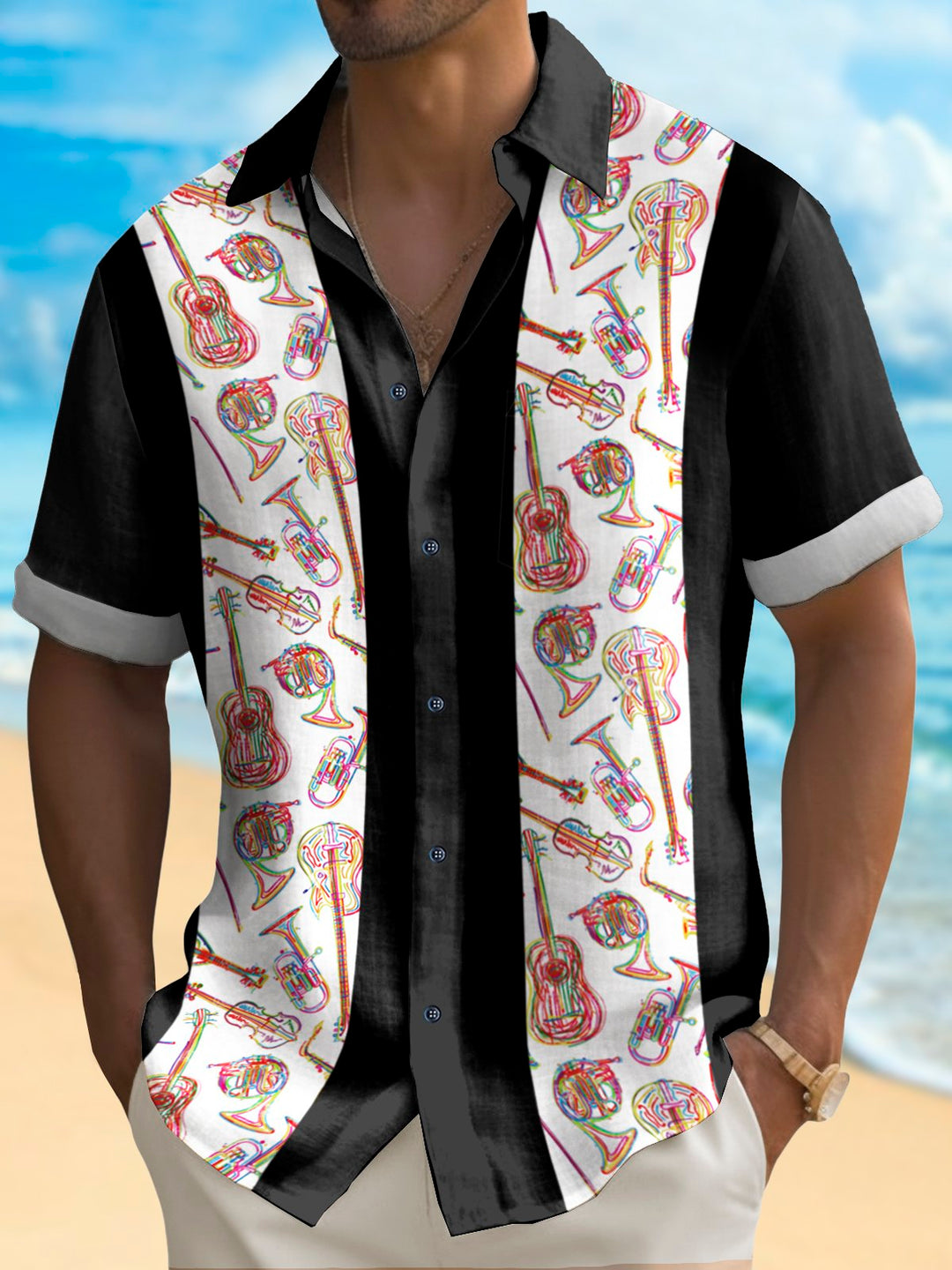 Camisa hawaiana informal de manga corta con estampado de guitarra e instrumento de bolos vintage para hombre de Alohadaddy
