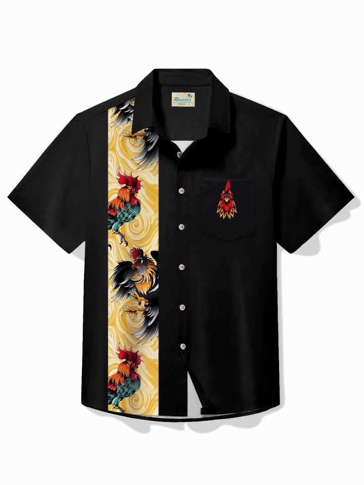 Alohadaddy Vintage Bowling Rooster Tattoo Designs Printed Chest Pocket Shirt Plus Size Men&