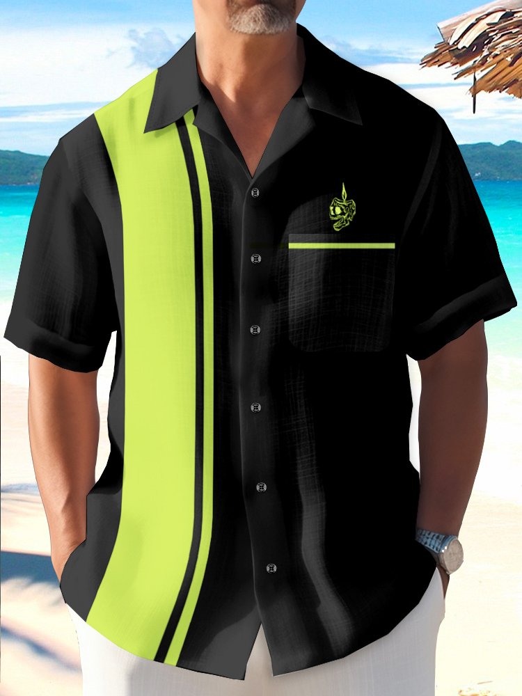 Alohadaddy Vintage Bowling Candle Tattoo Design Printed Chest Pocket Shirt Plus Size Men&