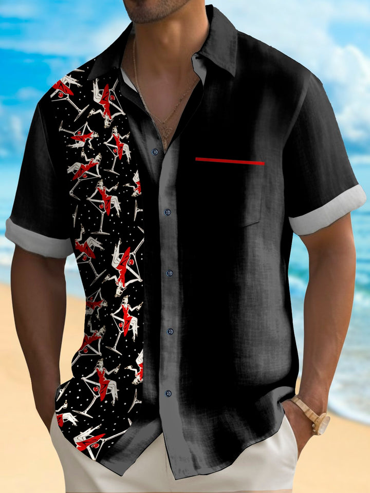 Alohadaddy Vintage Bowling  Pin Up Girl Printed Chest Pocket Shirt Large Size Men&