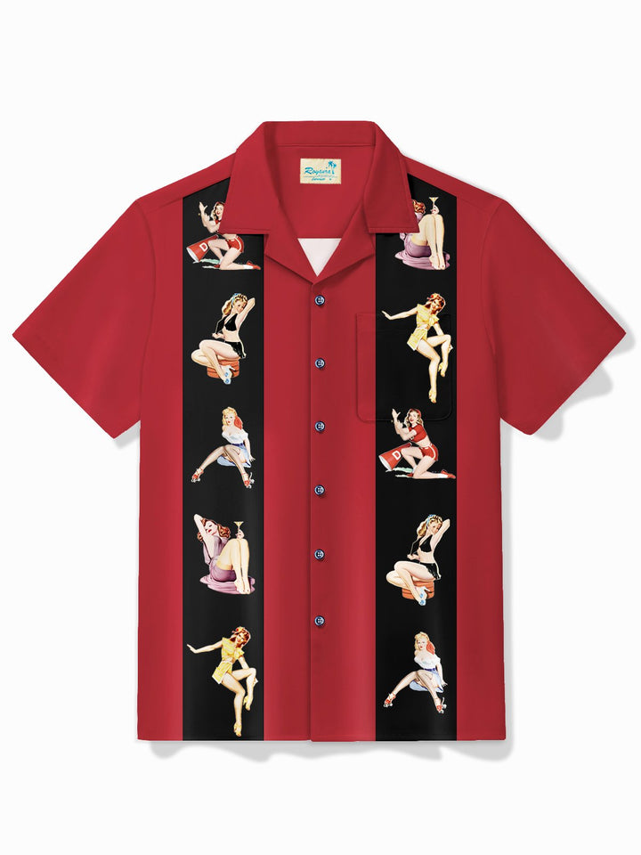 Alohadaddy Vintage Bowling Pin up Girls printed chest pocket shirt large size men&