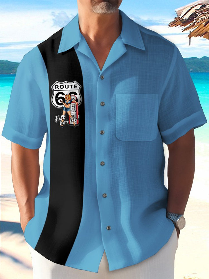 Alohadaddy Vintage Bowling Route 66 Fill Her Up Pinup GirlPrint Chest Pocket Shirt Plus Size Men&