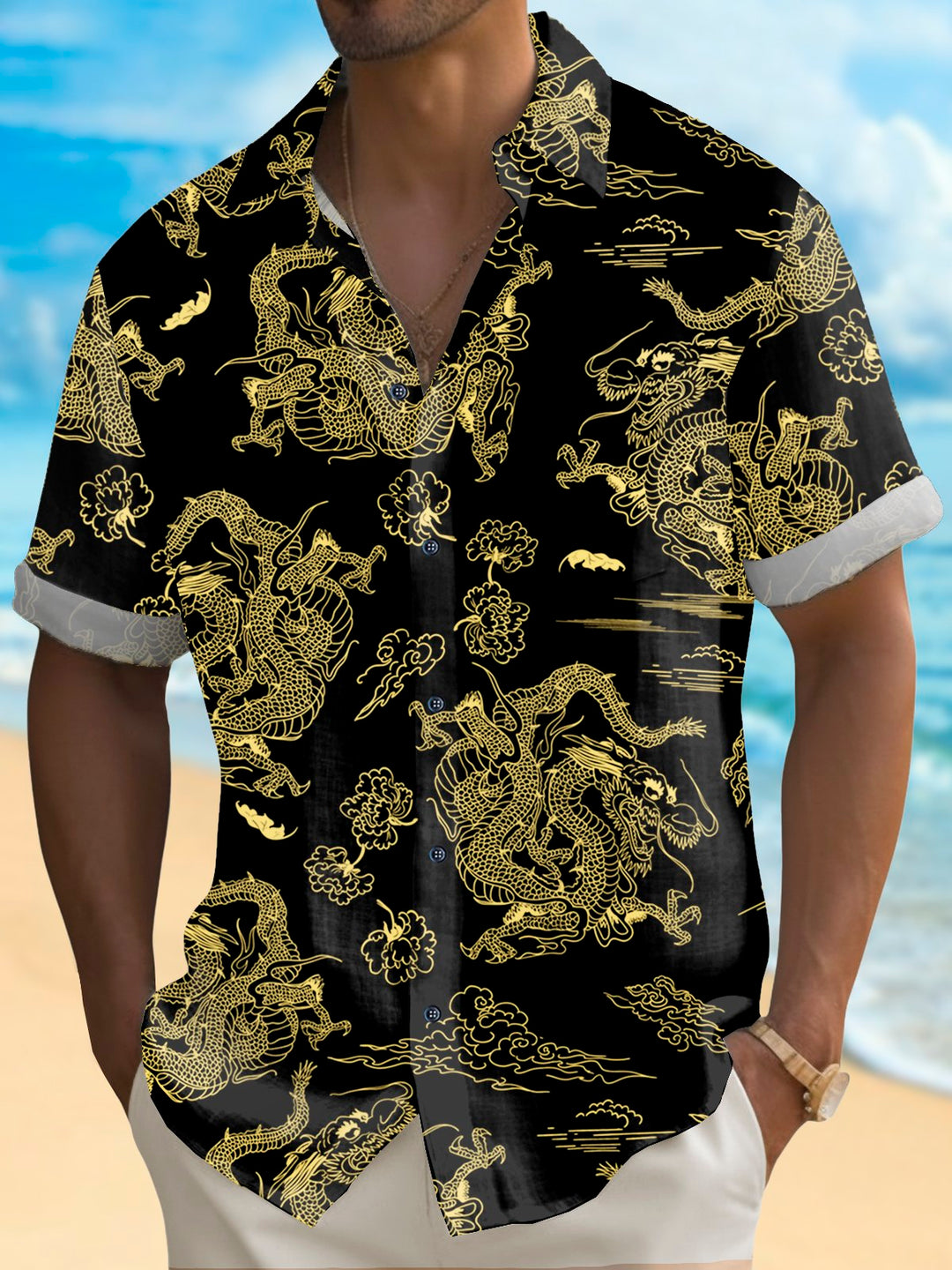 Camisa de hombre con estampado de dragón dorado y negro del año del dragón vintage de Alohadaddy, camisa de camping con bolsillo elástico, talla grande