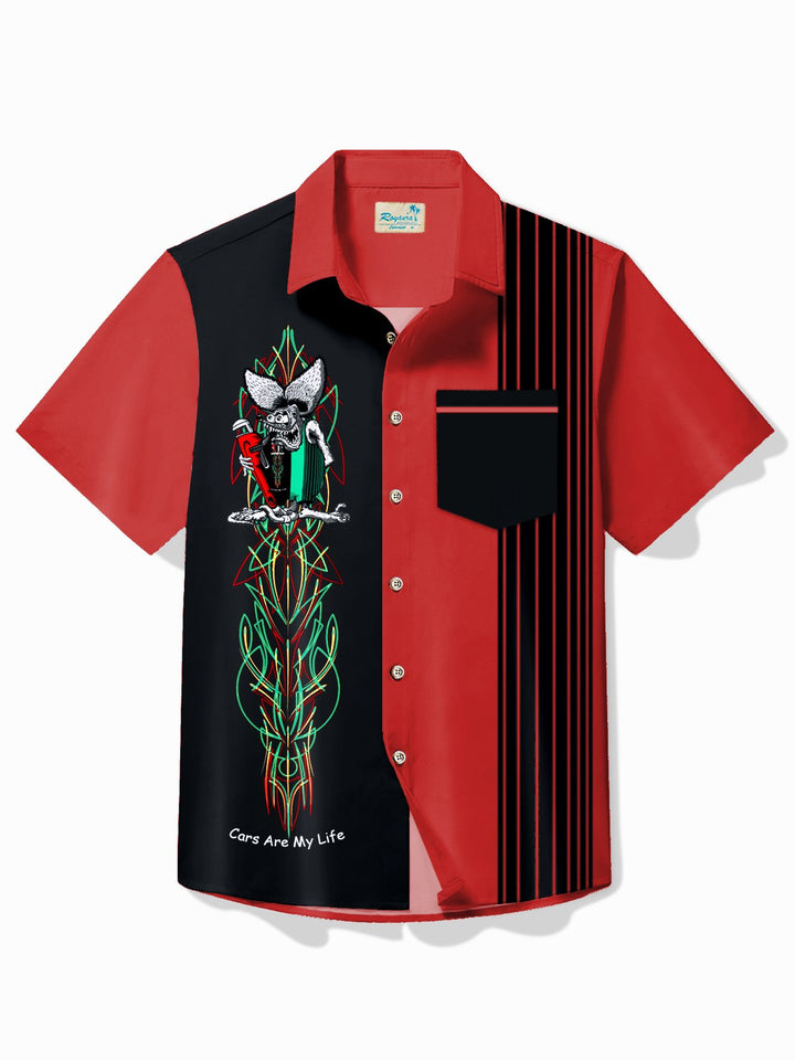 Alohadaddy Vintage Pinstripe Rat Fink Panel BowIing Printed Chest Pocket Shirt Large Size Men&