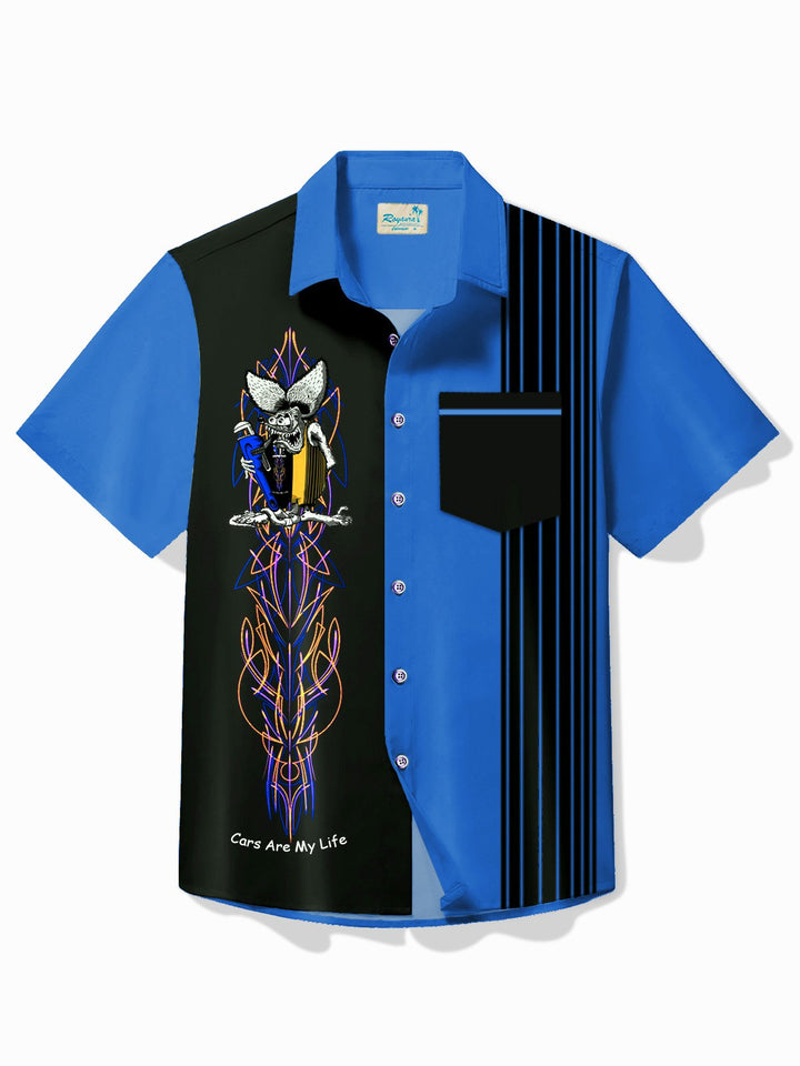 Alohadaddy Vintage Pinstripe Rat Fink Panel BowIing Printed Chest Pocket Shirt Large Size Men&