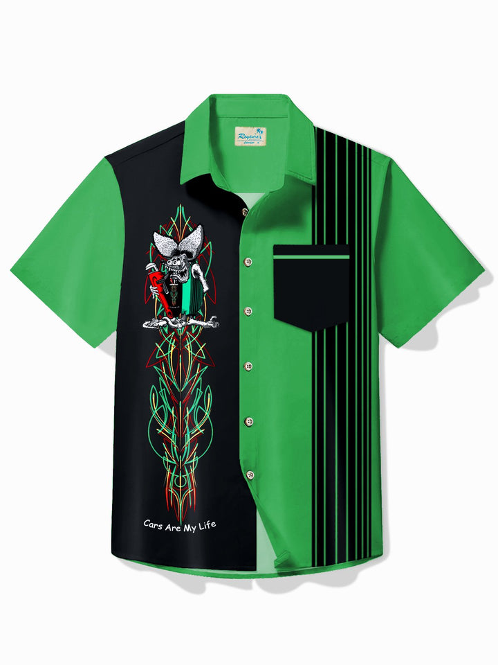 Alohadaddy Vintage Pinstripe Rat Fink Panel BowIing Printed Chest Pocket Shirt Large Size Men&