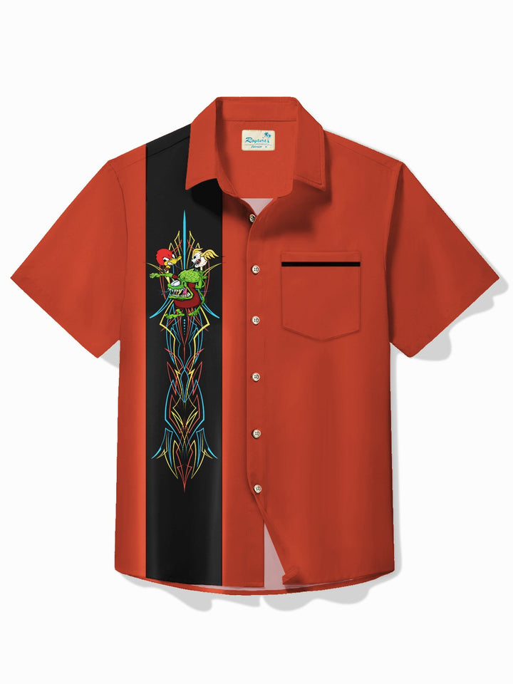 Alohadaddy Vintage Pinstripe Rat Fink flying eyeball Red Duck Panel BowLing Printed Chest Pocket Shirt Large Size Men&