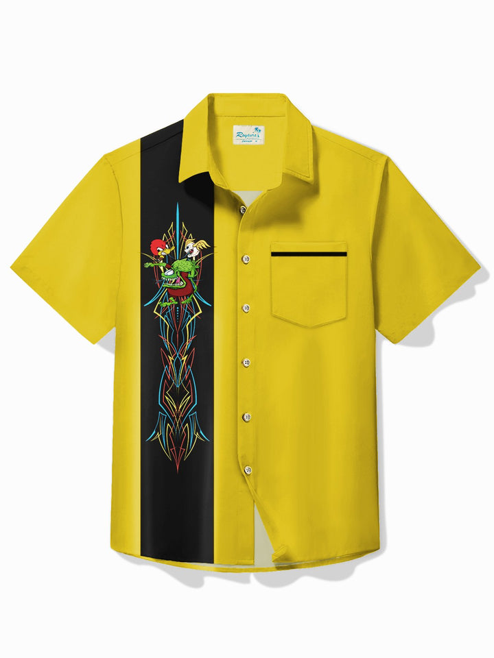 Alohadaddy Vintage Pinstripe Rat Fink flying eyeball Red Duck Panel BowLing Printed Chest Pocket Shirt Large Size Men&
