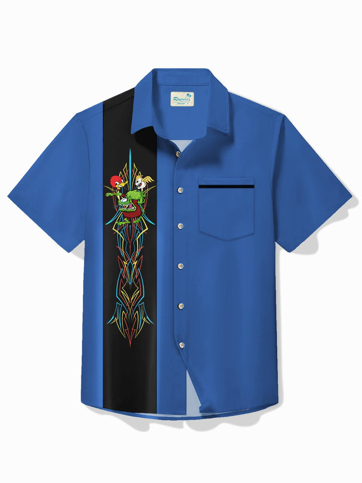 Alohadaddy Vintage Pinstripe Rat Fink flying eyeball Red Duck Panel BowLing Printed Chest Pocket Shirt Large Size Men&
