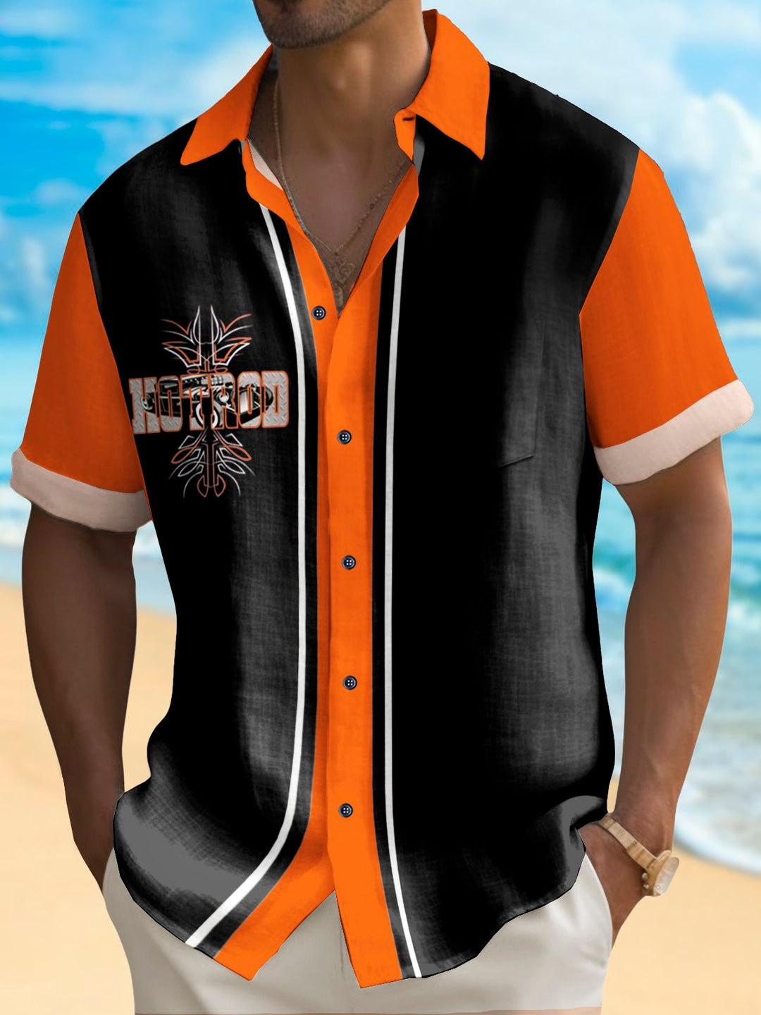 Alohadaddy Vintage Pinstripe Hot Rod Panel BowLing Printed Chest Pocket Shirt Large Size Men&
