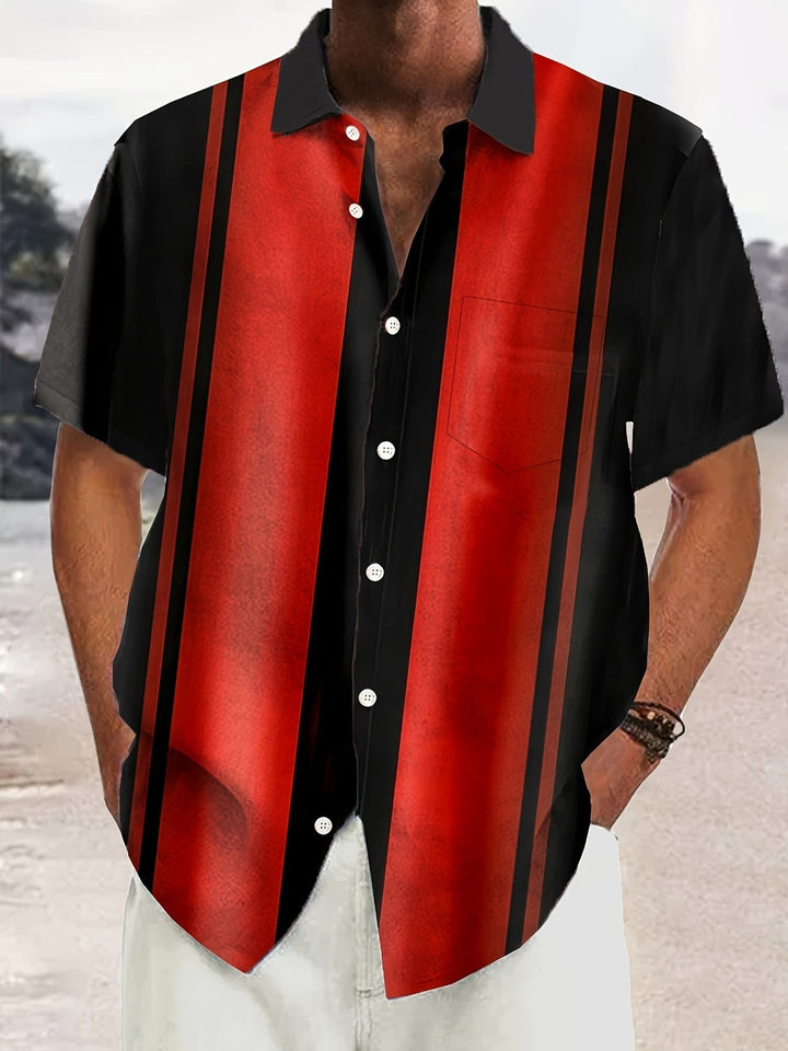 Camisa de manga corta con bolsillo abotonado y estampado de rayas en contraste estilo bolos retro para hombre de Alohadaddy
