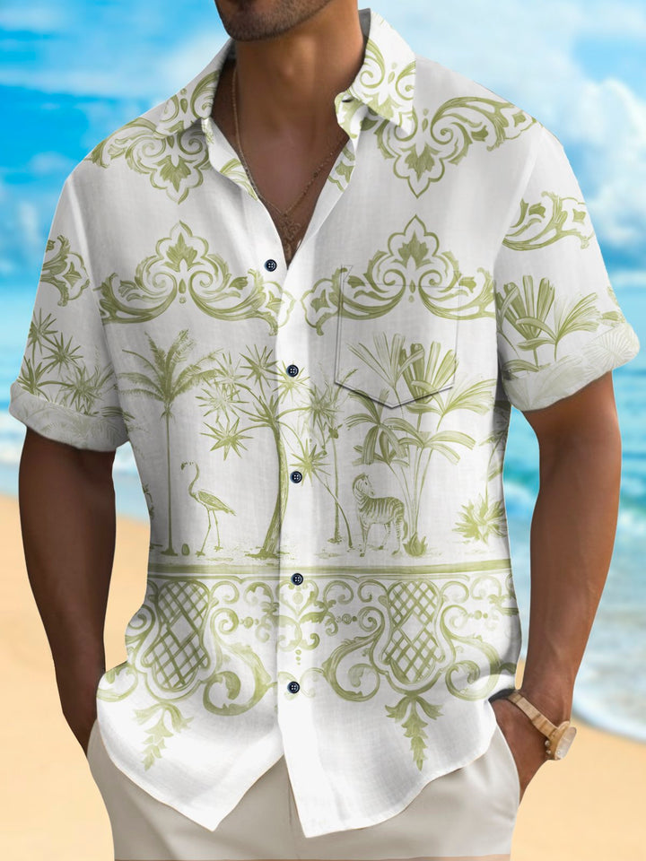 Alohadaddy Vintage Palm Tree Print Chest Pocket Shirt Plus Size Men&