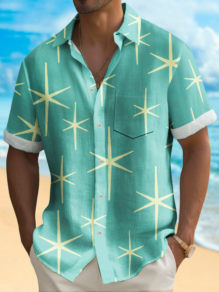 Alohadaddy Vintage Geometric Starburst Print Chest Pocket Shirt Plus Size Men&
