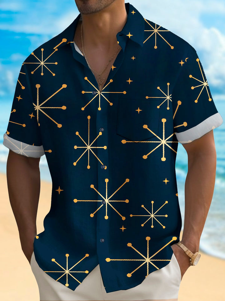 Alohadaddy Vintage Geometric Starburst Print Chest Pocket Shirt Plus Size Men&