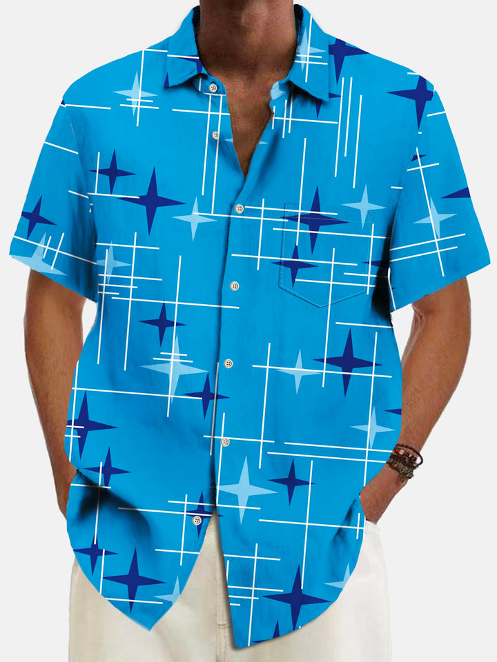 Alohadaddy Vintage Geometric Starburst Line Print Chest Pocket Shirt Plus Size Men&