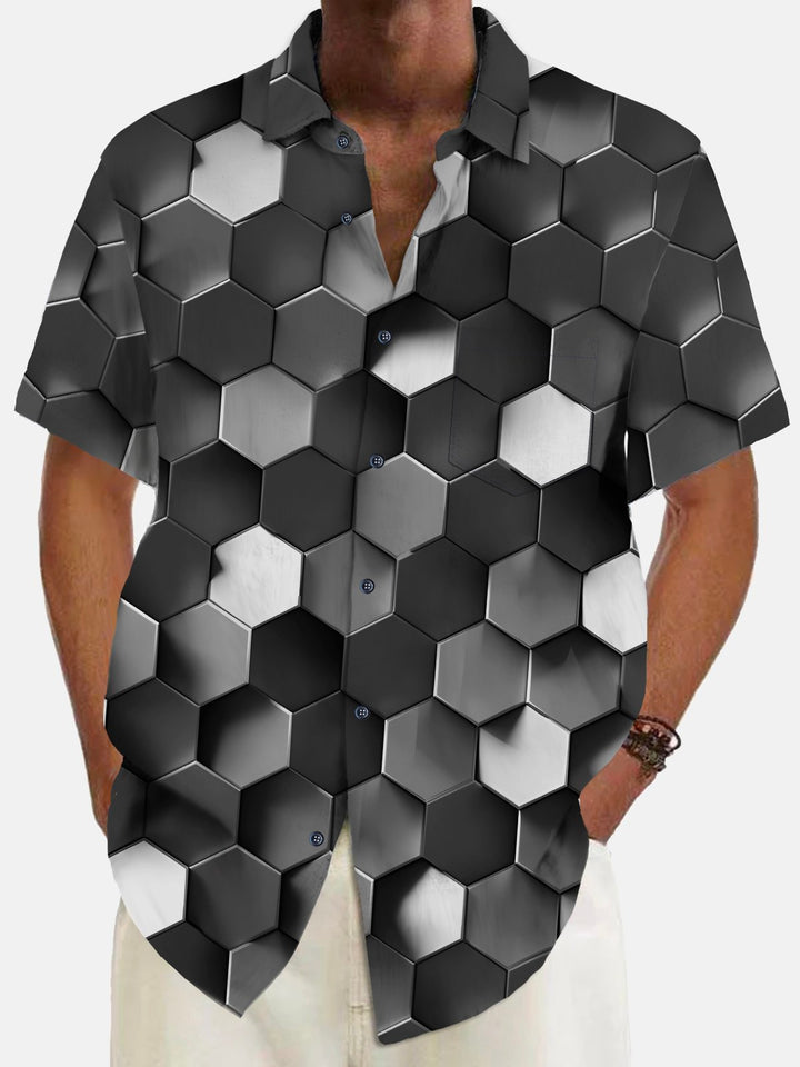 Alohadaddy Vintage Geometric Print Chest Pocket Shirt Plus Size Men&