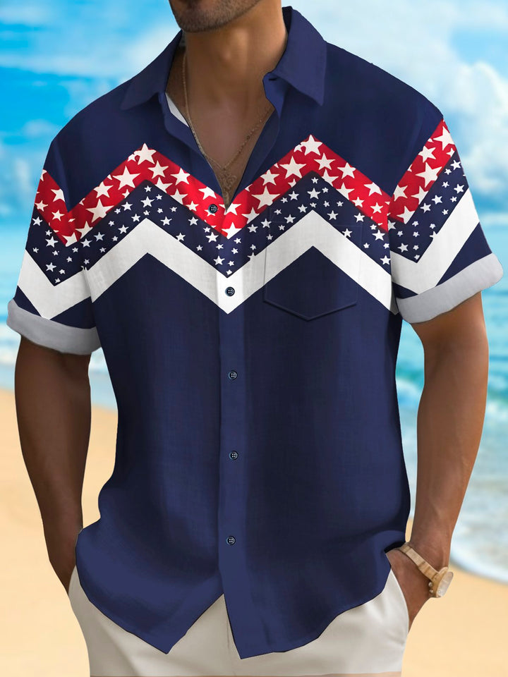 Alohadaddy Vintage Geometric Wave Pentagram Print Chest Pocket Shirt Plus Size Men&