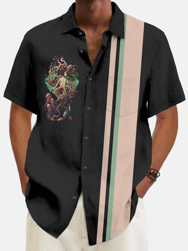 Alohadaddy Vintage Bowling Mermaid Print Chest Pocket Shirt Plus Size Men&