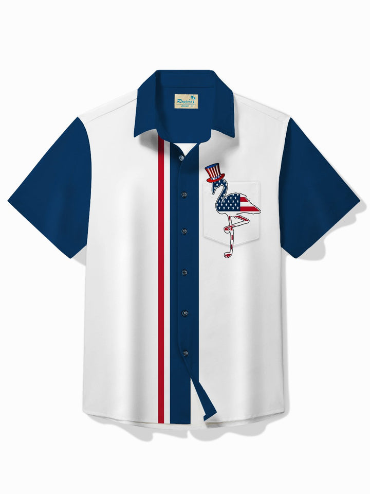 Alohadaddy Vintage Bowling American Flag Flamingo Print Chest Pocket Shirt Plus Size Men&