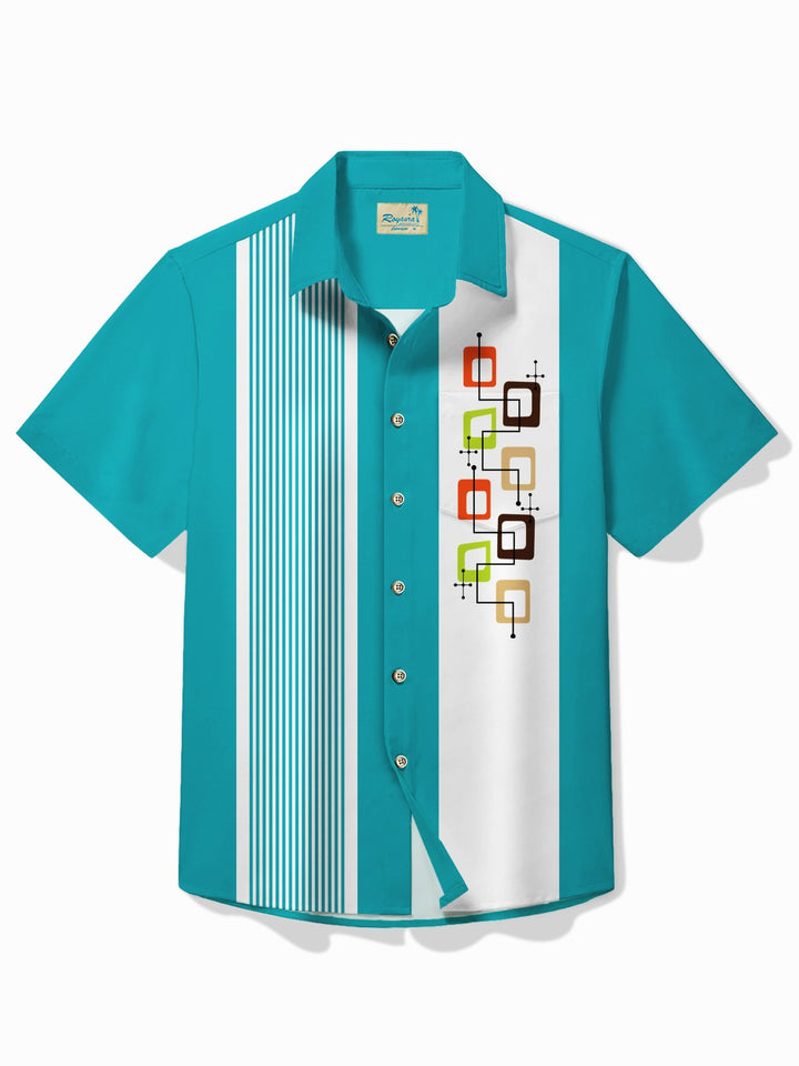 Alohadaddy Vintage Bowling Geometric Print Chest Pocket Shirt Plus Size Men&