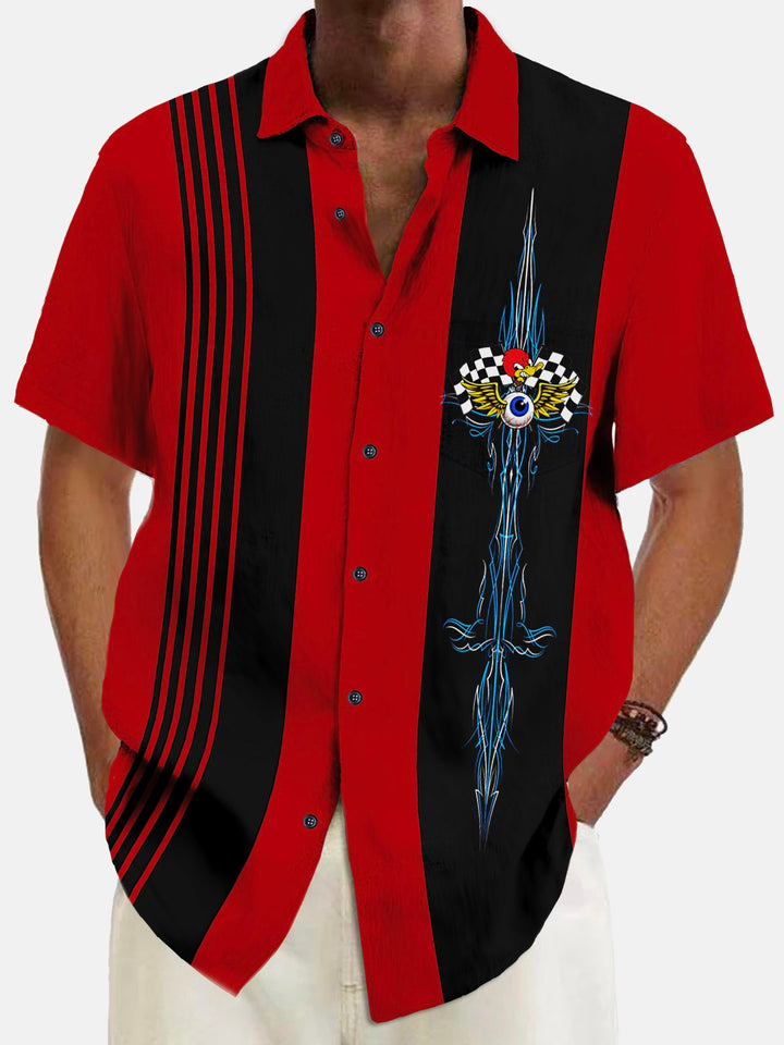 Alohadaddy Vintage Pinstripe flying eyeball Red Duck Panel BowLing Printed Chest Pocket Shirt Large Size Men&
