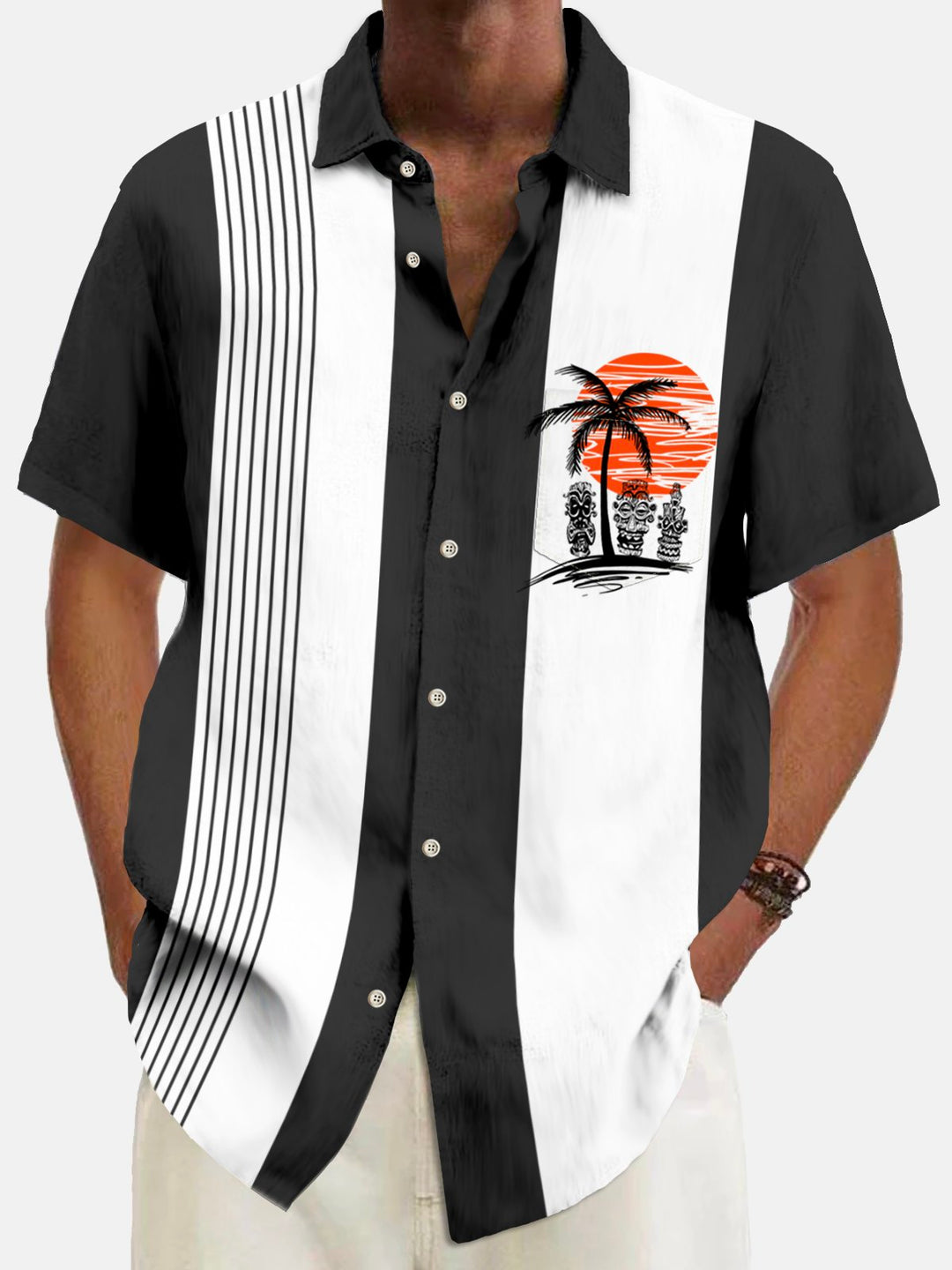 Alohadaddy Vintage Tiki Coconut Bowling Print Chest Pocket Hawaiian Shirt Plus Size Men&