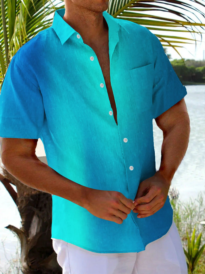 Alohadaddy Vintage Blue Gradient Print Chest Pocket Shirt Plus Size Men&