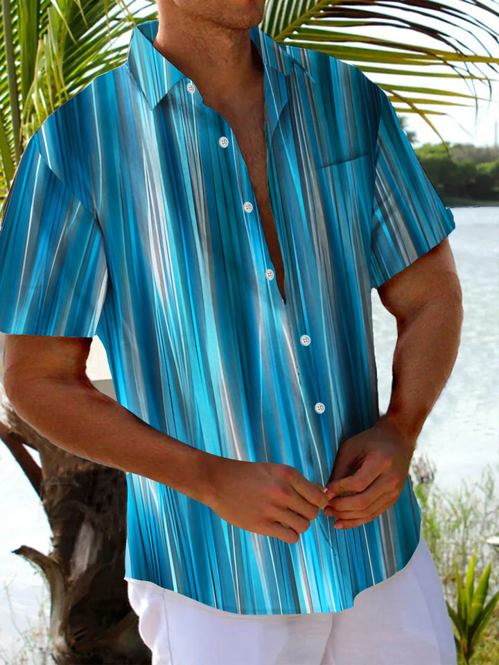 Alohadaddy Vintage Blue Abstract Gradient Stripe Print Chest Pocket Shirt Plus Size Men&