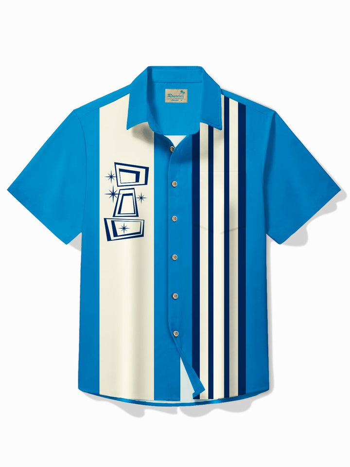 Alohadaddy Vintage Bowling Geometric Starburst Print Chest Pocket Shirt Plus Size Men&