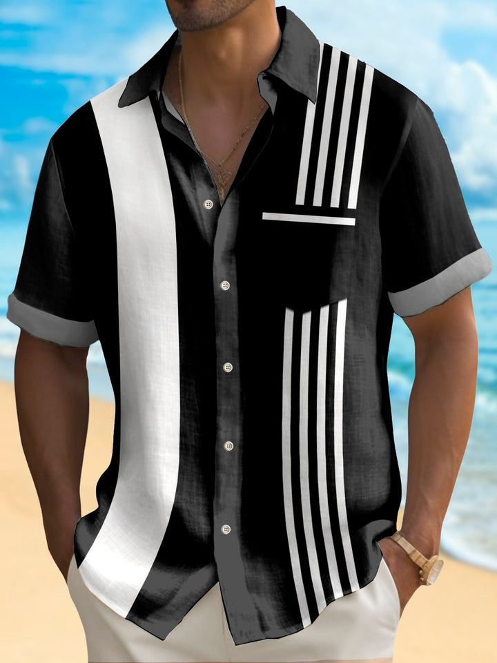 Alohadaddy Vintage Bowling Stripe Print Chest Pocket Shirt Plus Size Men&
